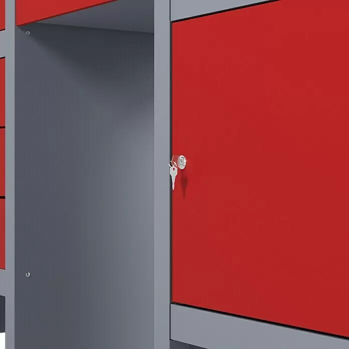Küpper Werkbank - L x B: 60 x 170 cm, Arbeitshöhe: 84 cm, Belastbarkeit: 300 kg, Anzahl Schubladen: 6 Stk., Rot/Silbergrau - Rote und graue Schließfächer, eine Tür mit Schlüssel im Schloss.
