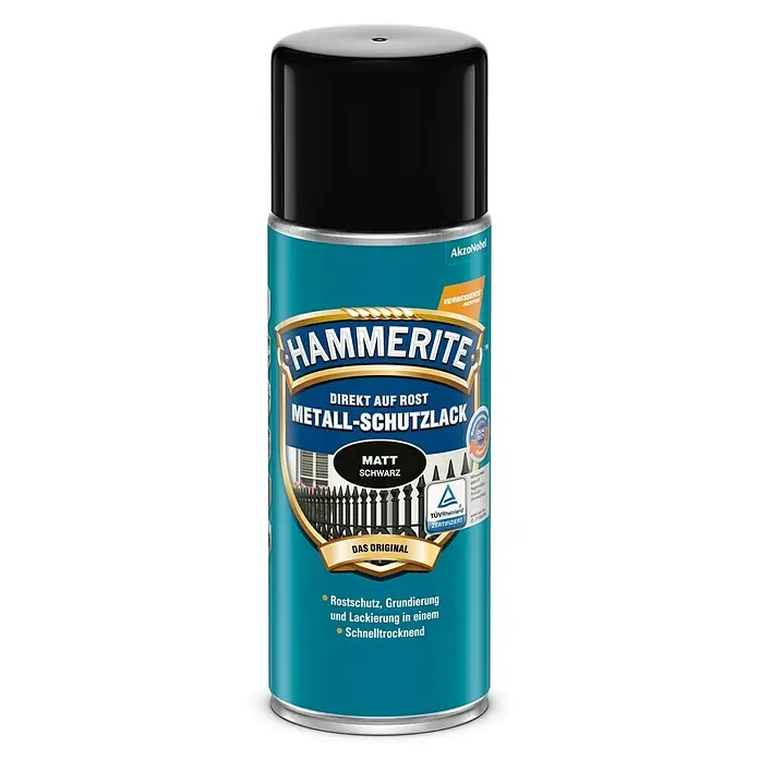 Hammerite Metall-Schutzlack - Schwarz, 400 ml, Matt, Lösemittelbasiert - Abbildung einer Dose Hammerite Metall-Schutzlack, direkt auf Rost, in Matt Schwarz. Ideal für den Schutz und die Lackierung von Metall.