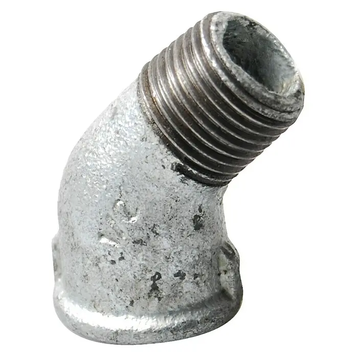 Rohrbogen Nr.121 - Gewinde: ½″, Winkel: 45 °, Verzinkt - Grau verzinktes 45-Grad-Winkelstück aus Stahlrohr mit Außengewinde für Sanitäranwendungen und Installationen.