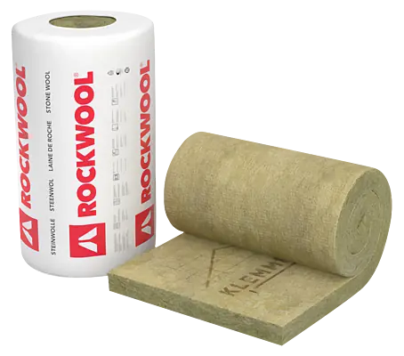 Rockwool Steinwolle Klemmrock 035 Eine Rolle Rockwool Steinwolle und eine ausgerollte Bahn. Hervorragende Wärme- und Schalldämmung für Bau- und Renovierungsprojekte.