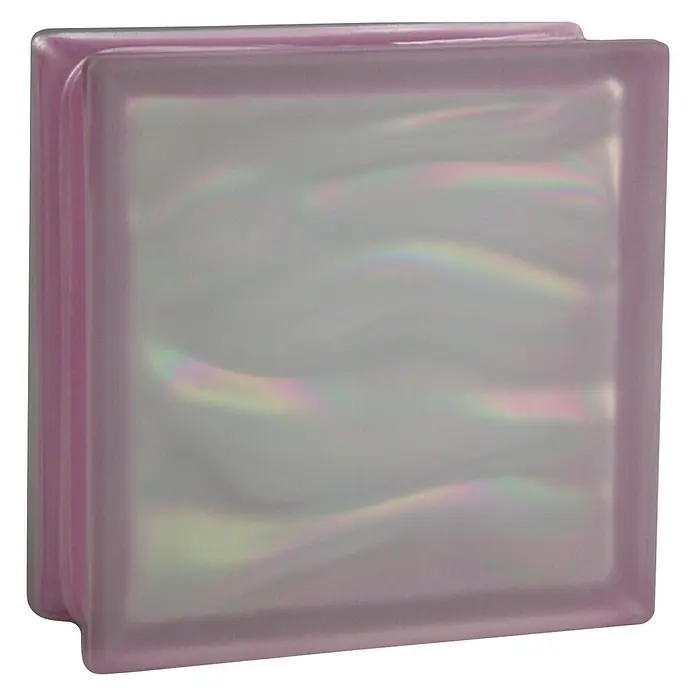 Fuchs Design Glasbaustein BM Perlmutt - Amethyst, Aqua, 19 x 19 x 8 cm, Beidseitig satiniert - Nahaufnahme eines irisierenden Glasbausteins mit rosa Rand. Ein dekoratives Element für moderne Innenräume und Außenbereiche.