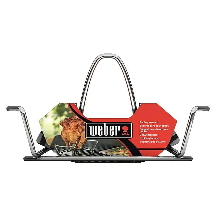 Weber Geflügelhalter - Edelstahl - Das Bild zeigt einen Weber Geflügelbräter mit Tragegestell, der für die Zubereitung von Geflügel auf dem Grill konzipiert ist.