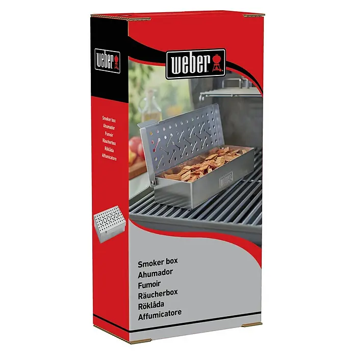 Weber Original Räucherbox - L x B x H: 24,5 x 12 x 5,1 cm - Verpackung einer Weber Räucherbox mit Produktbild.