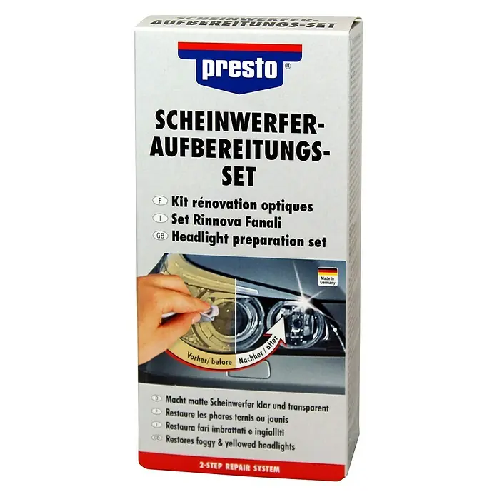 Presto Scheinwerfer-Aufbereitungs-Set - 5 -tlg. - Bild des Presto Scheinwerfer-Aufbereitungs-Sets, das matte Scheinwerfer klar und transparent macht.