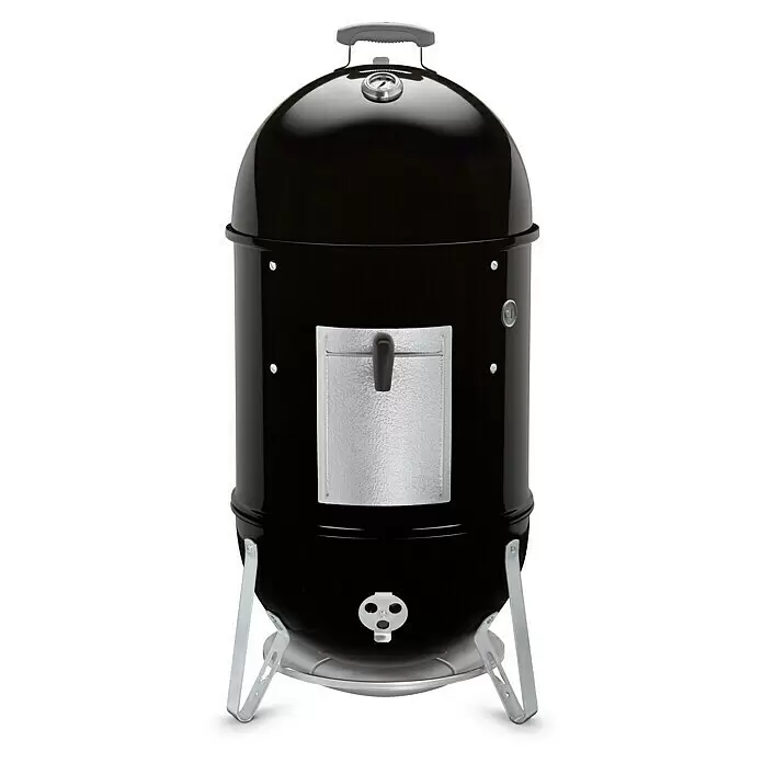Weber Ahumador Mountain Cooker - Diámetro de la superficie de la parrilla: 47 cm, Negro - Parrilla ahumadora vertical negra con tapa abovedada, termómetro integrado y puerta de acceso y patas metálicas.