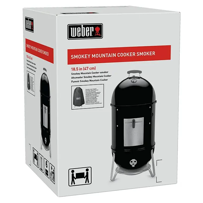 Weber Räucherofen Smokey Mountain CookerDurchmesser Grillfläche: 47 cm, Schwarz - Kartonverpackung des Weber Smokey Mountain Cooker Smoker, ein Holzkohlegrill für langsames und aromatisches Räuchern.