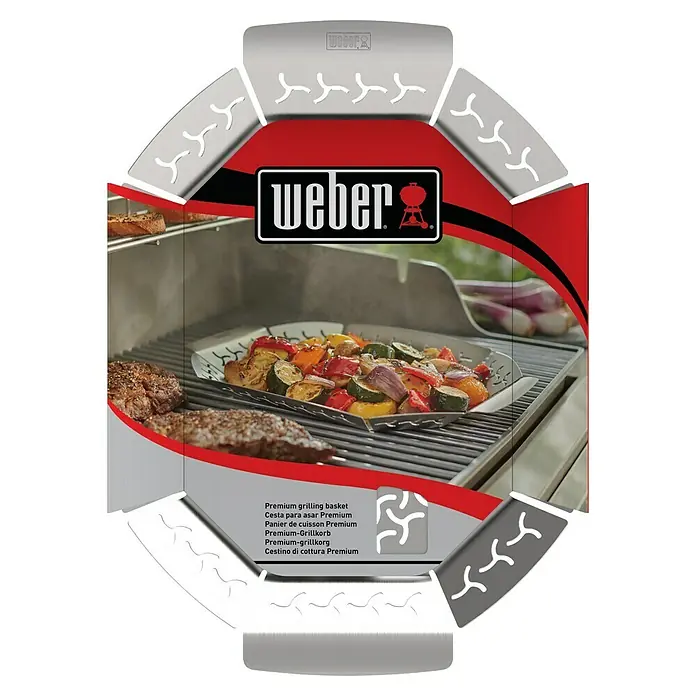Weber Gemüsekorb - Edelstahl, L x B: 36,6 x 26,4 cm - Produktbild eines "Weber Premium Grillkorb", ideal zum schonenden Grillen von Gemüse und kleineren Speisen, für ein perfektes Grillergebnis.