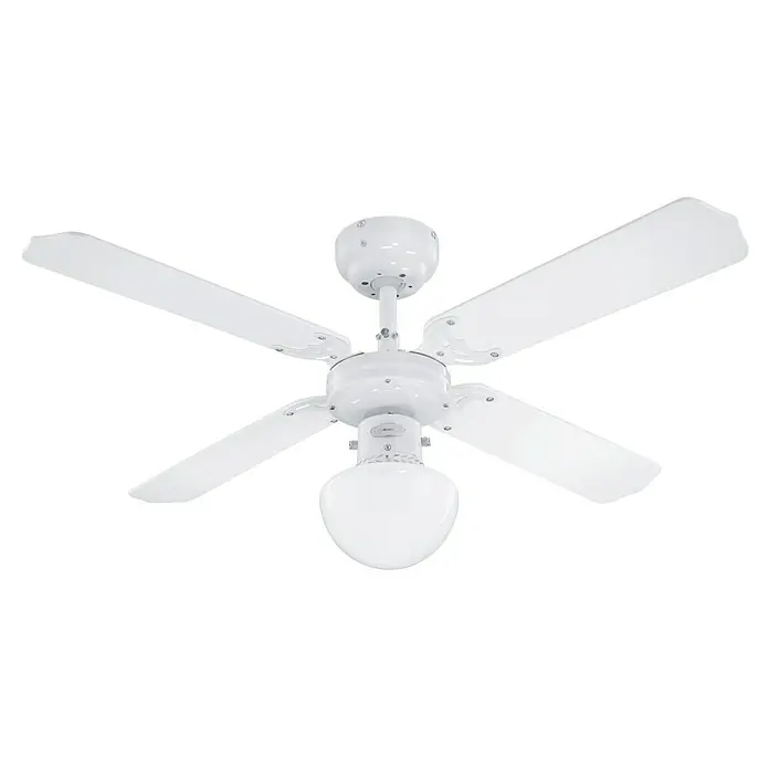 Voltomat Ventilador de techo Champion - Blanco, 105 cm, 60 W, Blanco cálido - Ventilador de techo blanco con cuatro aspas y bombilla en el centro, ideal para un diseño de habitación moderno y luminoso.