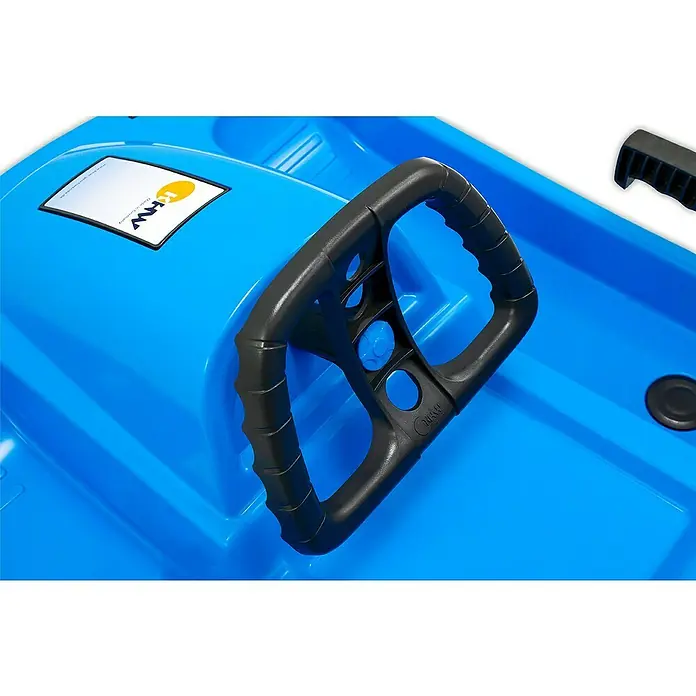 KHW Schlitten Snow Fox - L x B: 95 x 50 cm, Belastbarkeit: 65 kg, Kunststoff, Eisblau - Nahaufnahme eines blauen Rodels mit Lenkrad und dem Logo des Herstellers KHW. Ideal für rasante Abfahrten im Winter.