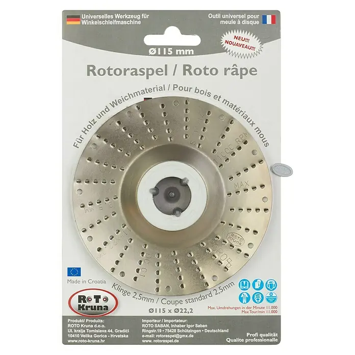 Roto Kruna Rotoraspel - 115 mm, Grob - Das Bild zeigt eine Rotorkraspelscheibe von ROTO Kruna, ein Werkzeug für Winkelschleifmaschinen, ideal für Holz und weiche Materialien.