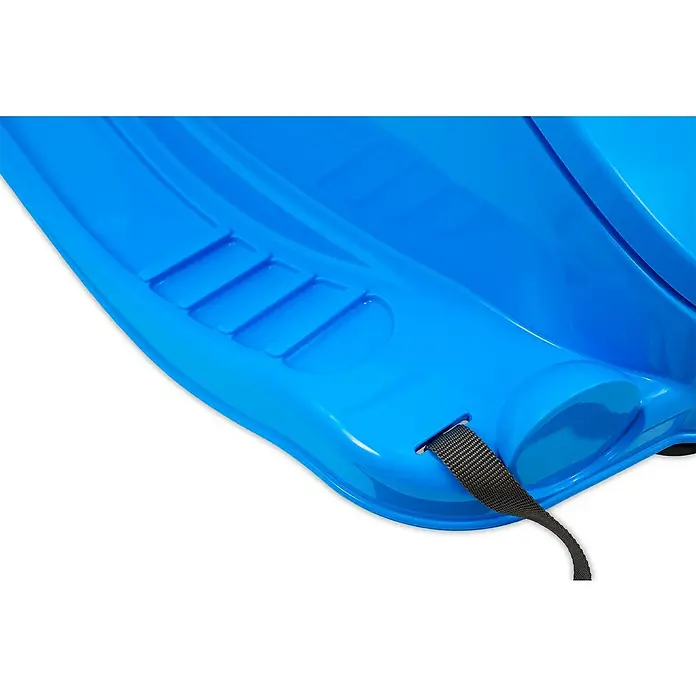 KHW Schlitten Snow Quad - L x B: 91 x 48 cm, Belastbarkeit: 30 kg, Kunststoff, Eisblau - Nahaufnahme eines blauen Schlittens mit Haltegriffen und Zugseil.