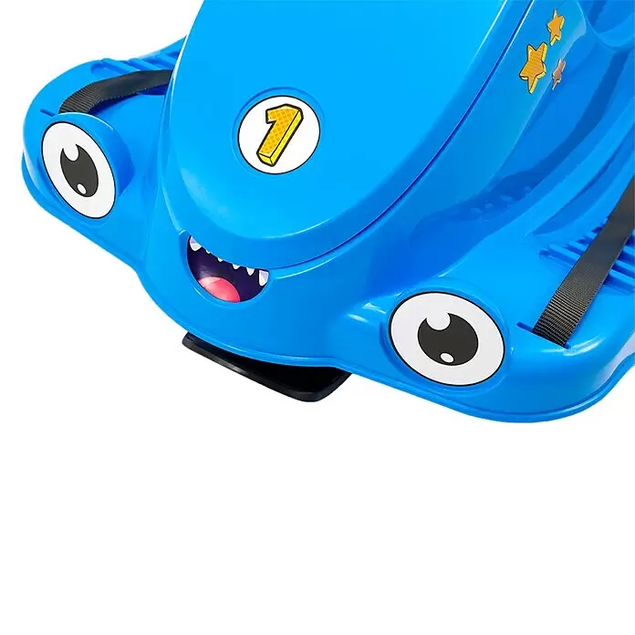 KHW Schlitten Snow Quad - L x B: 91 x 48 cm, Belastbarkeit: 30 kg, Kunststoff, Eisblau - Blauer Kunststoff-Schlitten mit Cartoon-Augen, zahnigem Mund, Nummer 1-Aufkleber und dekorativen Sternen.