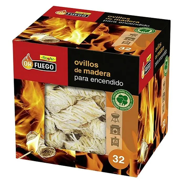 Ok Fuego Material para el encendido de barbacoas Ovillos de madera Eco - 24 pzs. - Paquete de pastillas de encendido de lana de madera OK Fuego, ideales para encender barbacoas, chimeneas o estufas. Uso fácil, seguro y ecológico.