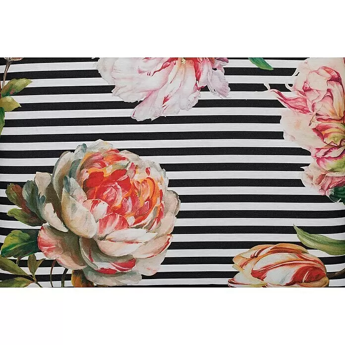 beo Gartenmöbel-Auflage Toronto - Relaxsesselauflage, 1 Stk., L x B x H: 171 x 46 x 8 cm, Baumwolle, Polyester, Schwarz/Rosa/Weiß - Stoff mit schwarzen und weißen Querstreifen, überlagert mit großen, farbenfrohen Blumenprints in Rot, Rosa, Orange und Grün.