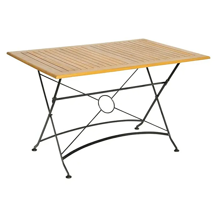 Acamp Gartenmöbel-Set Lindau - 4 -tlg., Akazie, Eisen, Braun, Stuhl ohne Armlehne - Dieser Artikel zeigt einen Gartentisch mit Holzplatte und schwarzem Metallgestell. Der Tisch ist rechteckig.