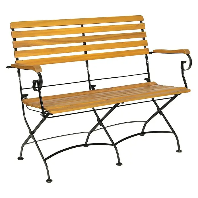 Acamp Gartenmöbel-Set Lindau - 4 -tlg., Akazie, Eisen, Braun, Stuhl ohne Armlehne - Eine Gartenbank aus Holz mit schwarzem Metallgestell, ideal für den Außenbereich und zur Entspannung im Garten.