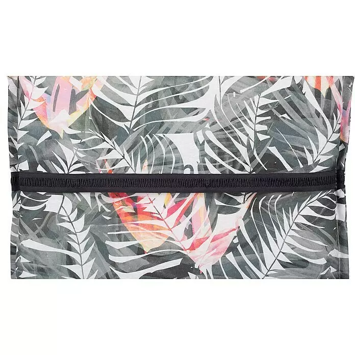 beo Gartenmöbel-Auflage Tamky - Niederlehner, 6 Stk., L x B x H: 98 x 46 x 8 cm, Baumwolle, Polyester, Rosa/Blau - Stoff mit tropischem Blattmuster in Grün, Weiß, Rosa und Orange, mit einem horizontalen schwarzen Rippenband.