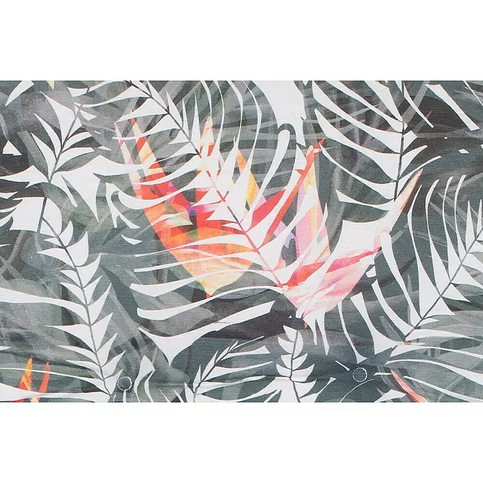beo Gartenmöbel-Auflage Tamky - Niederlehner, 6 Stk., L x B x H: 98 x 46 x 8 cm, Baumwolle, Polyester, Rosa/Blau - Detailaufnahme eines Stoffmusters mit tropischen Blättern in Grau-, Weiß- und Rottönen, ideal für lebendige Dekorationsprojekte.