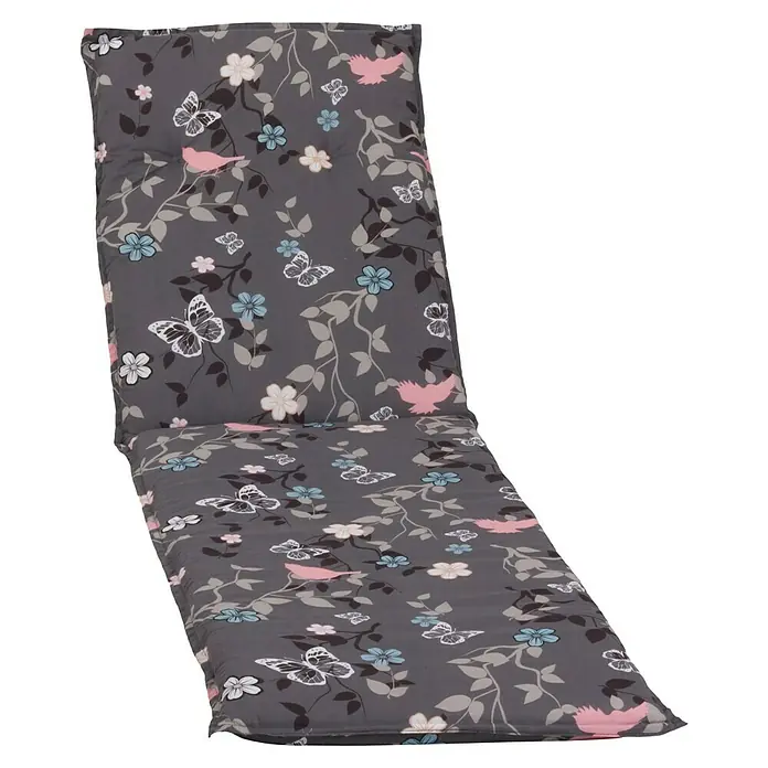 beo Gartenmöbel-Auflage Bregenz - Liegenauflage, L x B x H: 193 x 60 x 6 cm, Baumwolle, Polyester, Schwarz/Rosa - Gartenstuhlauflage mit einem grauen Blumenmuster, das Schmetterlinge und Vögel zeigt. Die Auflage bietet Komfort und Stil für Ihre Gartenmöbel.
