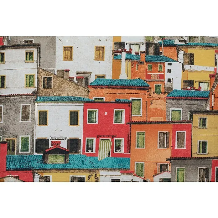 beo Gartenmöbel-Auflage Sardinien - Relaxsesselauflage, 1 Stk., L x B x H: 171 x 46 x 8 cm, Baumwolle, Polyester, Orange/Gelb - Lebendige Darstellung von Häusern mit rotem, orangem, gelbem, grauem und weißem Putz, sowie türkisfarbenen Dächern und Fenstern.