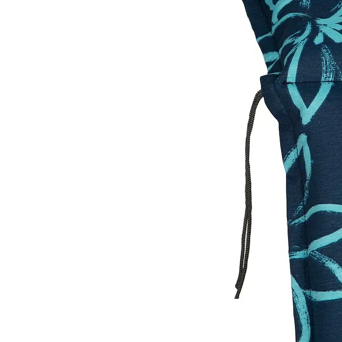 beo Gartenmöbel-Auflage Bunde - Hochlehner, 4 Stk., L x B x H: 118 x 50 x 6 cm, Baumwolle, Polyester, Blau - Nahaufnahme eines blauen Kissens mit Kordelzug und abstraktem, türkisem Muster, ideal für stilvolle Outdoor-Möbel.