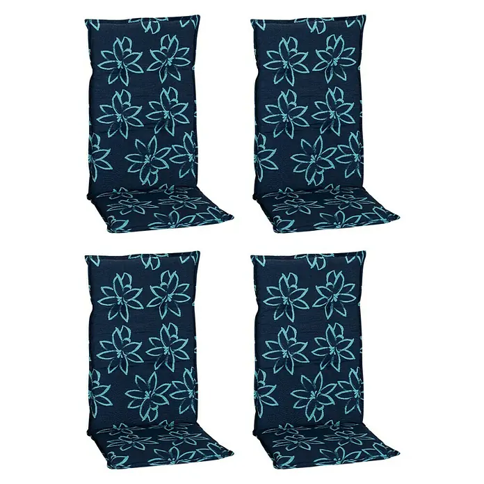 beo Gartenmöbel-Auflage Bunde - Hochlehner, 4 Stk., L x B x H: 118 x 50 x 6 cm, Baumwolle, Polyester, Blau - Eine Nahaufnahme von vier dunkelblauen Stuhlkissen mit einem hellblauen Blumenmuster, ideal für Gartenmöbel.