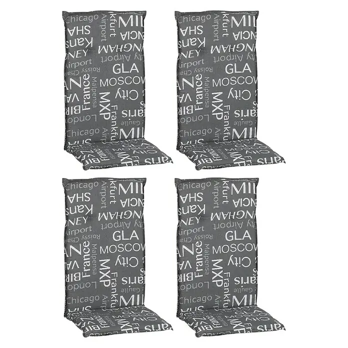 beo Gartenmöbel-Auflage Bellona - Hochlehner, 4 Stk., L x B x H: 118 x 50 x 6 cm, Baumwolle, Polyester, Grau/Weiß - Bild von vier grauen Stuhlkissen mit einem Muster aus verschiedenen Städtenamen.