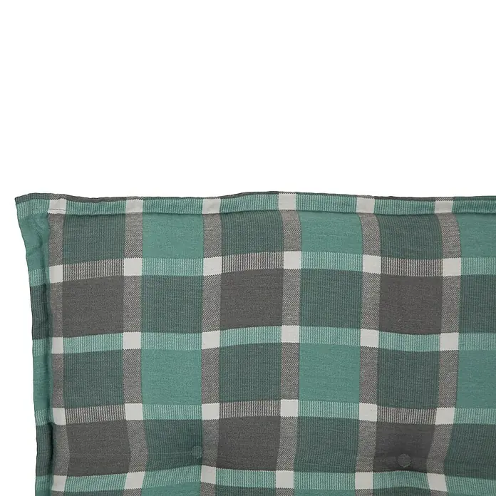 beo Gartenmöbel-Auflage Büsum - Niederlehner, 4 Stk., L x B x H: 101 x 50 x 6 cm, Baumwolle, Polyester, Grün/Grau - Detailaufnahme eines karierten Kissens in Grün- und Grautönen mit weißen Akzenten, ideal für eine gemütliche und stilvolle Dekoration.