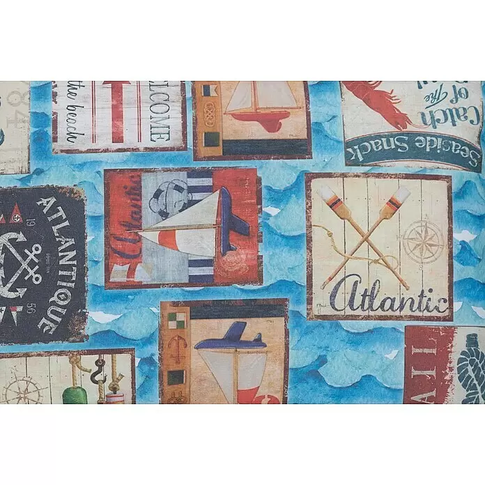 beo Gartenmöbel-Auflage Togo - Liegenauflage, 1 Stk., L x B x H: 191 x 58 x 8 cm, Baumwolle, Polyester, Blau/Rot/Grau - Stoff mit nautischem Motiv aus Blöcken mit Segelbooten, Ankern, Hummern, Rudern und Text auf blauem Wellenmuster.