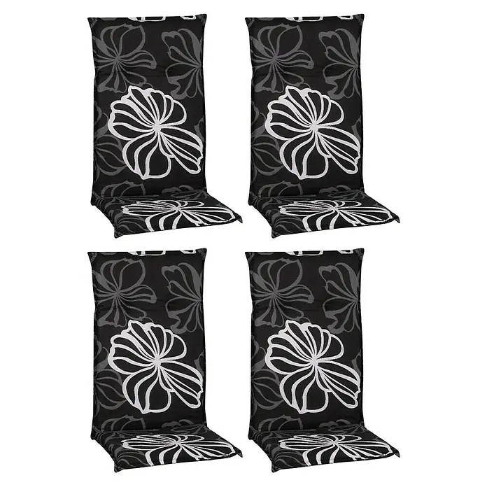 beo Gartenmöbel-Auflage Barcelona - Hochlehner, 4 Stk., L x B x H: 118 x 50 x 6 cm, Baumwolle, Polyester, Schwarz/Weiß - Dieses Bild zeigt vier schwarze Stuhlkissen mit einem weißen Blumenmuster, die Komfort und Stil für Ihre Gartenmöbel bieten.