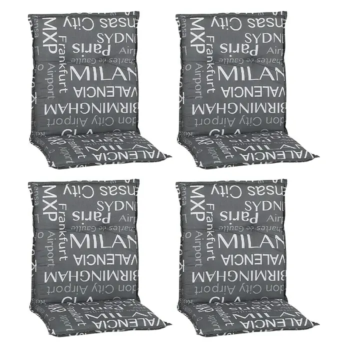 beo Gartenmöbel-Auflage Bellona - Niederlehner, 4 Stk., L x B x H: 118 x 50 x 6 cm, Baumwolle, Polyester, Grau/Weiß - Abbildung von vier grauen Stuhlkissen mit Städtenamen.