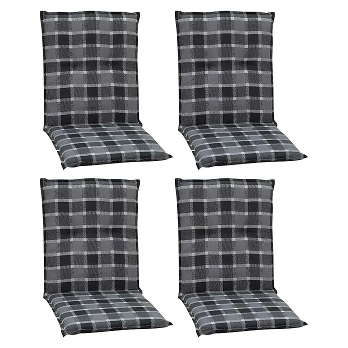 beo Gartenmöbel-Auflage Belgrad - Niedriglehner, 4 Stk., L x B x H: 101 x 50 x 6 cm, Öko-Tex 100, Grau/Karo - Vier karierte Stuhlkissen in Grau- und Schwarztönen, ideal für Gartenmöbel und Terrassenstühle, bieten Komfort und Stil im Freien.