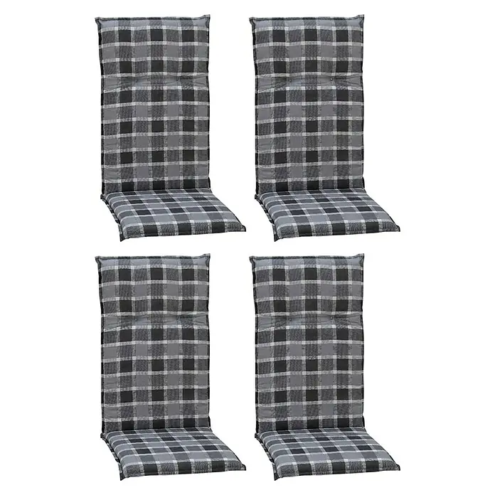 beo Gartenmöbel-Auflage Belgrad - Hochlehner, 4 Stk., L x B x H: 118 x 50 x 6 cm, Öko-Tex 100, Grau/Karo - Bild von vier grauen, karierten Stuhlkissen für zusätzlichen Komfort.