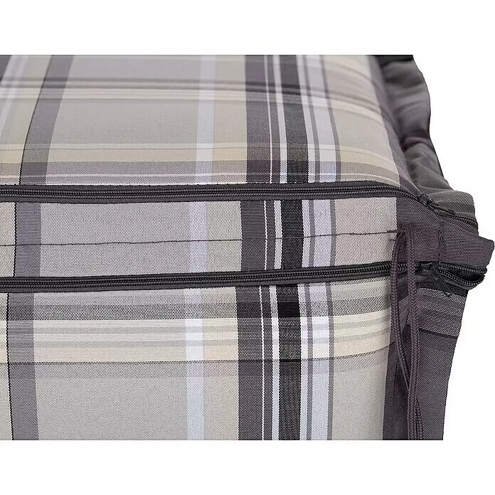 beo Gartenmöbel-Auflage D800 - Hochlehner, 6 Stk., L x B x H: 120 x 48 x 8 cm, Dralon, Polyester, Grau/Hellgrün - Grau-weißes kariertes Kissen mit zwei dunklen Reißverschlüssen.