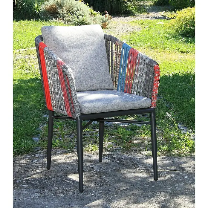 Acamp Gartenmöbel-Set Manhattan / Acaplan - 5 -tlg., Aluminium, Polyesterschnüren, Anthrazit - Bild eines Outdoor-Stuhls mit bunten Seildetails und grauen Kissen, ideal für Terrasse und Garten.
