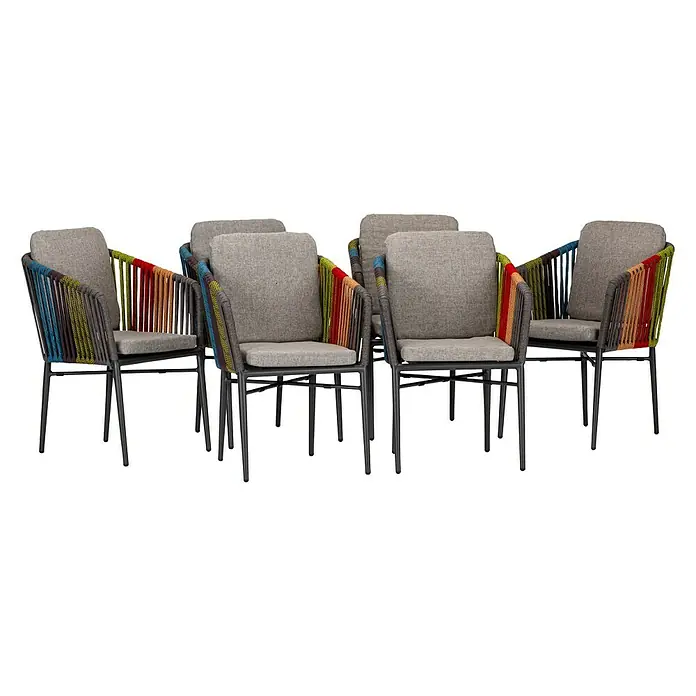 Acamp Gartensessel Manhattan Set - 6 Stk., Aluminium, Polyester, Stapelbar, Bunt, B x T x H: 63 x 50 x 81 cm - Eine Gruppe von sechs Stühlen mit grauen Kissen und farbenfroher Seilbespannung an den Armlehnen vor einem schwarzen Hintergrund.