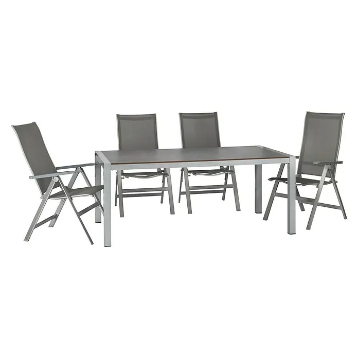 Acamp Gartenmöbel-Set Urban/Extensio - 5 -tlg., Aluminium, HPL, Textil, Anthrazit, Rückenlehne verstellbar - Das Bild zeigt ein stilvolles, graues Gartenmöbelset mit Tisch und vier Stühlen, perfekt für den Außenbereich.