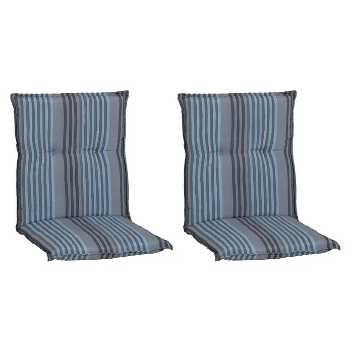 beo Gartenmöbel-Auflage Tissa - Niederlehner, 2 Stk., L x B x H: 98 x 46 x 8 cm, Baumwolle, Polyester, Blau/Grau - Abgebildet sind zwei gestreifte Stuhlkissen in verschiedenen Grautönen und Blautönen, die Komfort und Stil für Sitzgelegenheiten im Freien bieten.