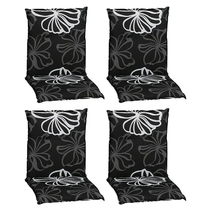 beo Gartenmöbel-Auflage Barcelona - Niederlehner, 4 Stk., L x B x H: 101 x 50 x 6 cm, Baumwolle, Polyester, Schwarz/Weiß - Vier floral gemusterte Stuhlkissen in Schwarz-Weiß-Grau, ideal für Gartenmöbel und zur bequemen Gestaltung des Außenbereichs.
