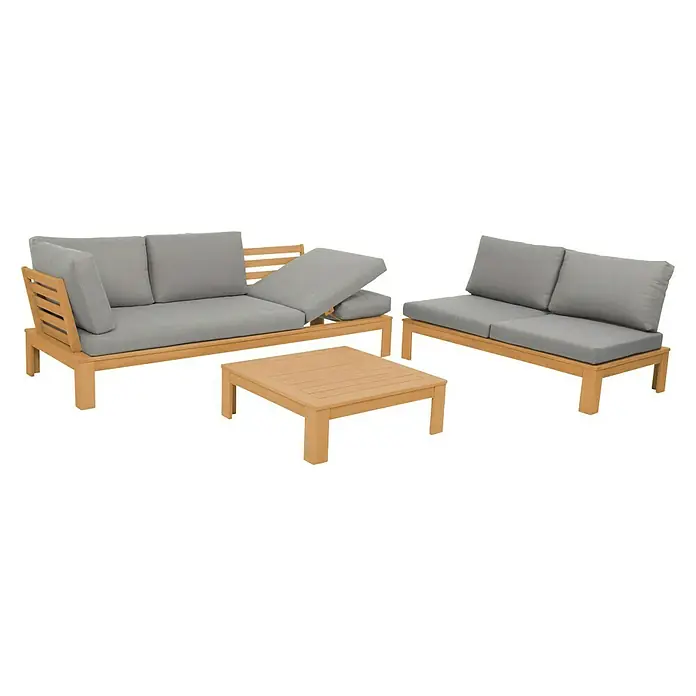 Acamp Loungemöbel-Set Granada - 3 -tlg., Akazie, Polyester, Grau/Braun - Gartenmöbel-Set mit Holzrahmen und grauen Kissen, bestehend aus Sofa, Sessel und Tisch für entspannte Stunden im Freien.
