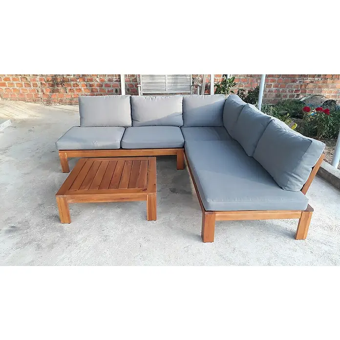 Acamp Loungemöbel-Set Granada - 3 -tlg., Akazie, Polyester, Grau/Braun - Gartenmöbelset aus Holz mit grauem Polster: Ein stilvolles Sofa mit Eckteil und passendem Couchtisch für den Außenbereich.