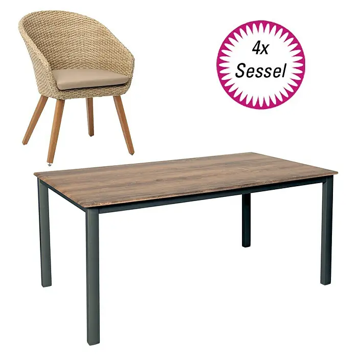 Acamp Gartenmöbel-Set Atacama/Acaplan - 5 -tlg., Aluminium, Akazie, Polyrattan, Braun - Bild eines Esstisches mit brauner Tischplatte und schwarzem Gestell, dazu ein Rattansessel und ein Hinweis auf 4 Sessel.