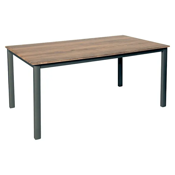 Acamp Gartenmöbel-Set Manhattan / Acaplan - 5 -tlg., Aluminium, Polyesterschnüren, Stapelbar, Anthrazit - Ein Esstisch mit einer braunen Tischplatte und einem schlanken, dunkelgrauen Metallgestell, perfekt für moderne Essbereiche.