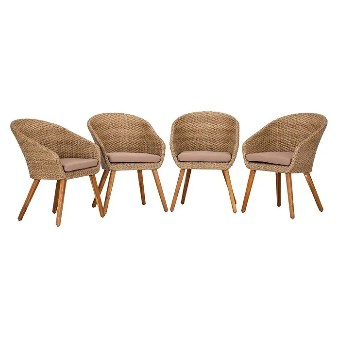 Acamp Gartensessel Atacama - Aluminium, Kunststoffgeflecht, Akazie, Braun, B x T x H: 66 x 61 x 82 cm - Vier Rattanstühle mit braunen Kissen und Holzbeinen, perfekt für den Garten oder die Terrasse. Stilvolles Design für gemütliche Stunden im Freien.