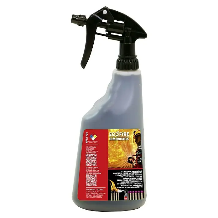 Simonrack Ecofire Extintor de incendios Home - 1 l - Botella de spray EcoFire Simonrack, un producto de protección contra incendios, con una etiqueta con advertencias e instrucciones de uso.