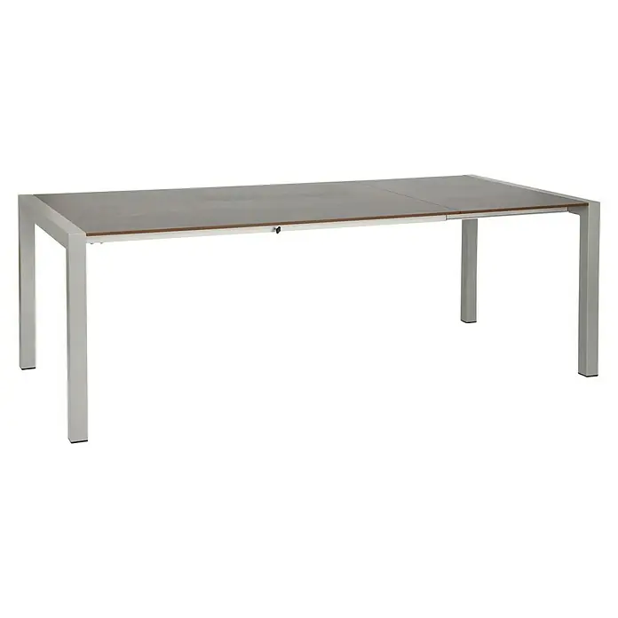 Acamp Gartenmöbel-Set Urban/Extensio - 5 -tlg., Aluminium, HPL, Textil, Klappbar, Anthrazit - Grauer Esstisch mit silbernem Metallrahmen. Der Tisch hat eine ausziehbare Funktion und bietet Platz für mehrere Personen.