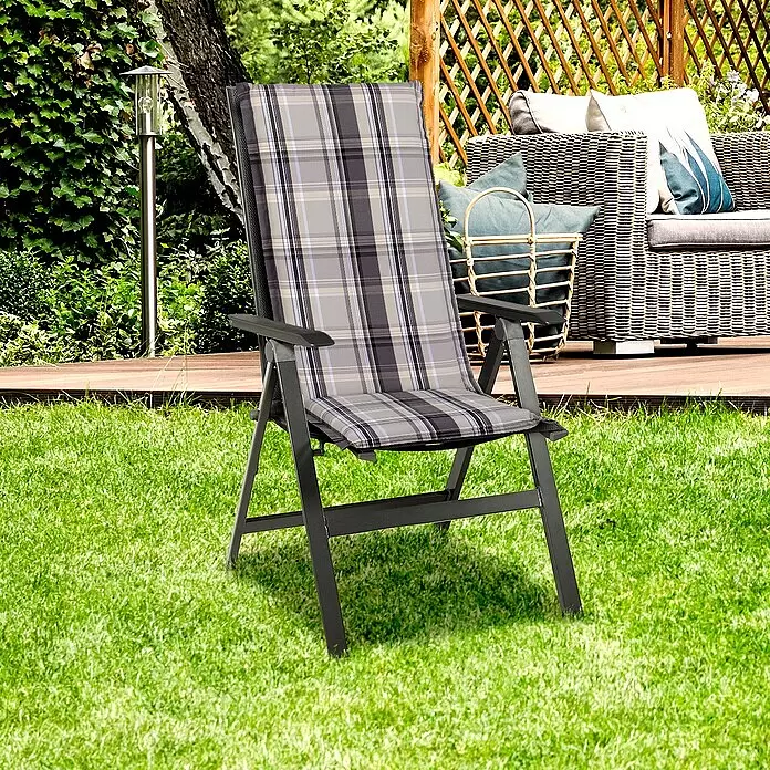 beo Gartenmöbel-Auflage D800 - Hochlehner, 6 Stk., L x B x H: 120 x 48 x 8 cm, Dralon, Polyester, Grau/Hellgrün - Klappbarer Gartenliegestuhl mit dunkelgrauem Gestell und grauem Karokissen.