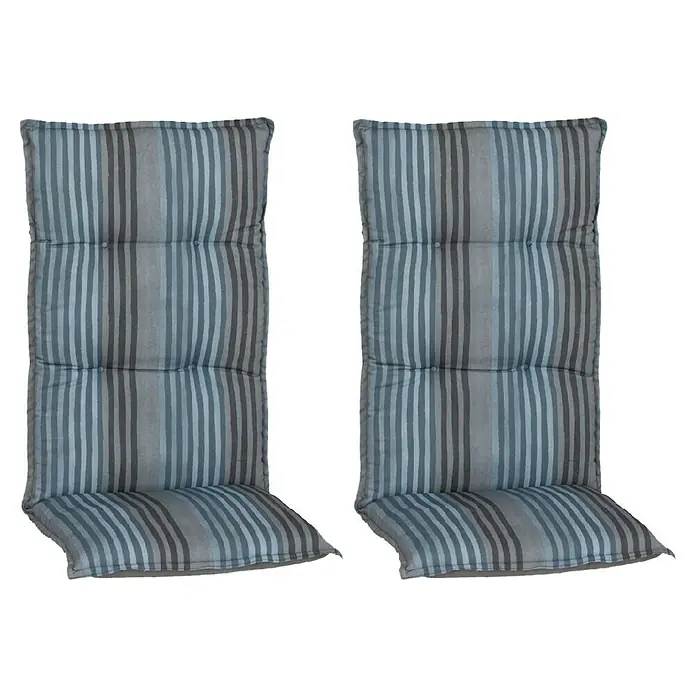 beo Gartenmöbel-Auflage Tissa - Hochlehner, 2 Stk., L x B x H: 118 x 46 x 8 cm, Baumwolle, Polyester, Schaumvlies, Blau/Grau - Zwei gestreifte Stuhlkissen mit Knöpfen. Die Polster haben ein schlichtes, aber elegantes Design und bieten Komfort.