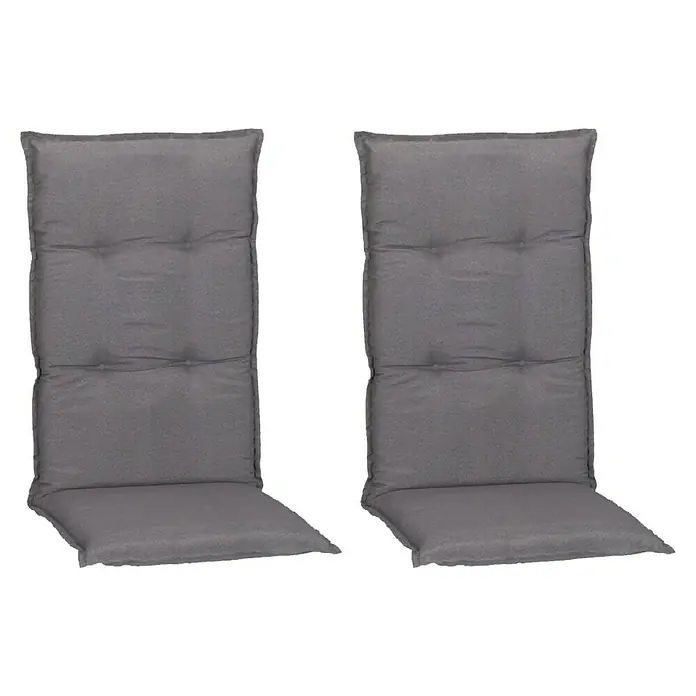 beo Gartenmöbel-Auflage Tanana - Hochlehner, 2 Stk., L x B x H: 118 x 46 x 8 cm, Baumwolle, Polyester, Schaumvlies, Grau - Zwei graue Stuhlkissen mit Knöpfen zur Dekoration. Sie sind rechteckig und haben eine weiche, bequeme Polsterung für hohen Sitzkomfort.