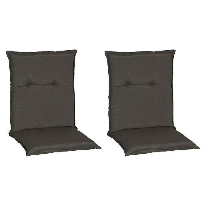beo Gartenmöbel-Auflage Trier - Niederlehner, 2 Stk., L x B x H: 98 x 46 x 8 cm, Baumwolle, Polyester, Schwarz - Abgebildet sind zwei anthrazitfarbene Stuhlkissen. Sie bieten Komfort und Stil für Garten- oder Terrassenmöbel und sind ideal für entspannte Stunden im Freien.